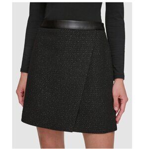 DKNY Nwot Tweed Faux Wrap Black Metallic Mini Skirt w Leather Trim 8